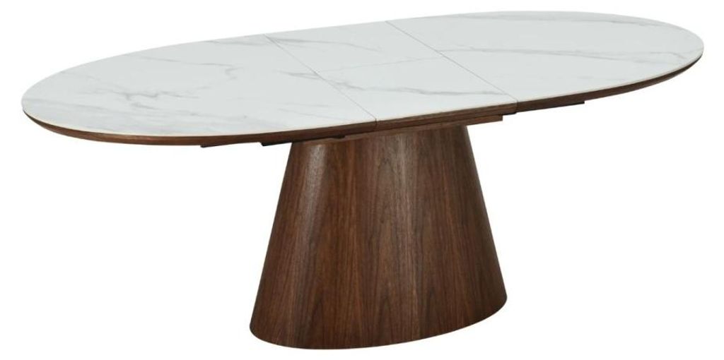 Erweiterbarer Tisch LUMEA 160–200 cm – Zeitgenössischer Tisch aus Keramik mit weißer Marmoroptik und Nussbaum