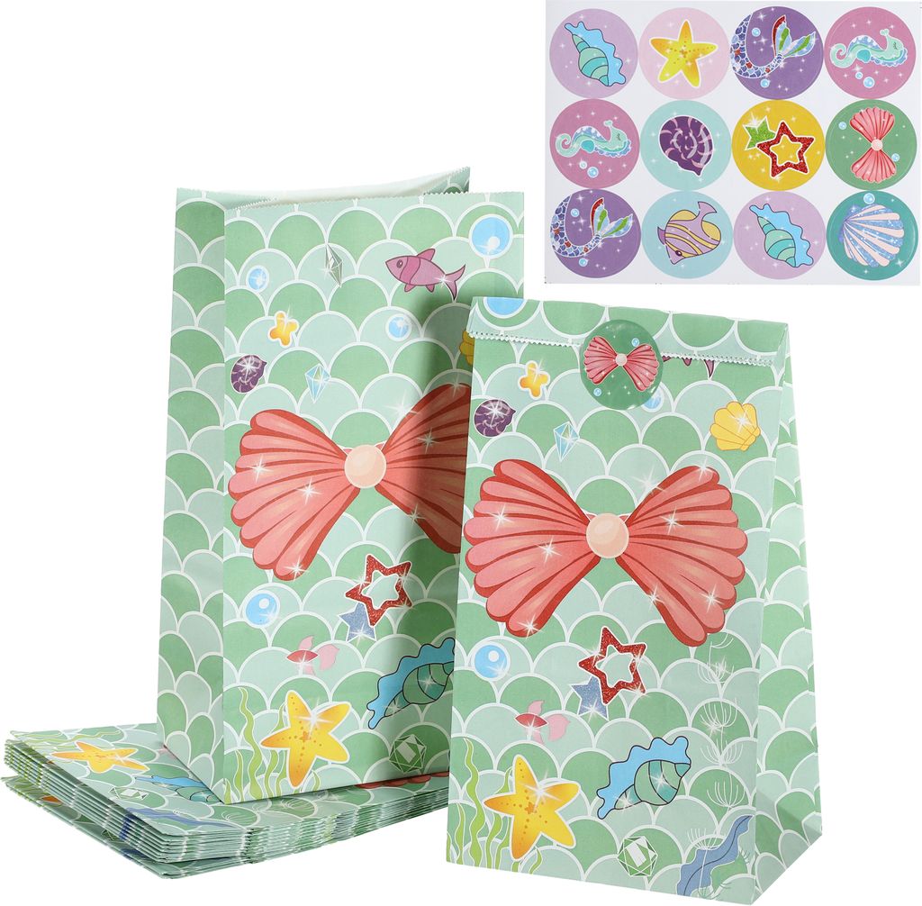 12 Stück Papier Geschenktüten, Meerjungfrau Süßigkeitentüten, Partygeschenktüten, mitgebsel tüten mitbringseltüten Partytüten 12 Aufklebe ...