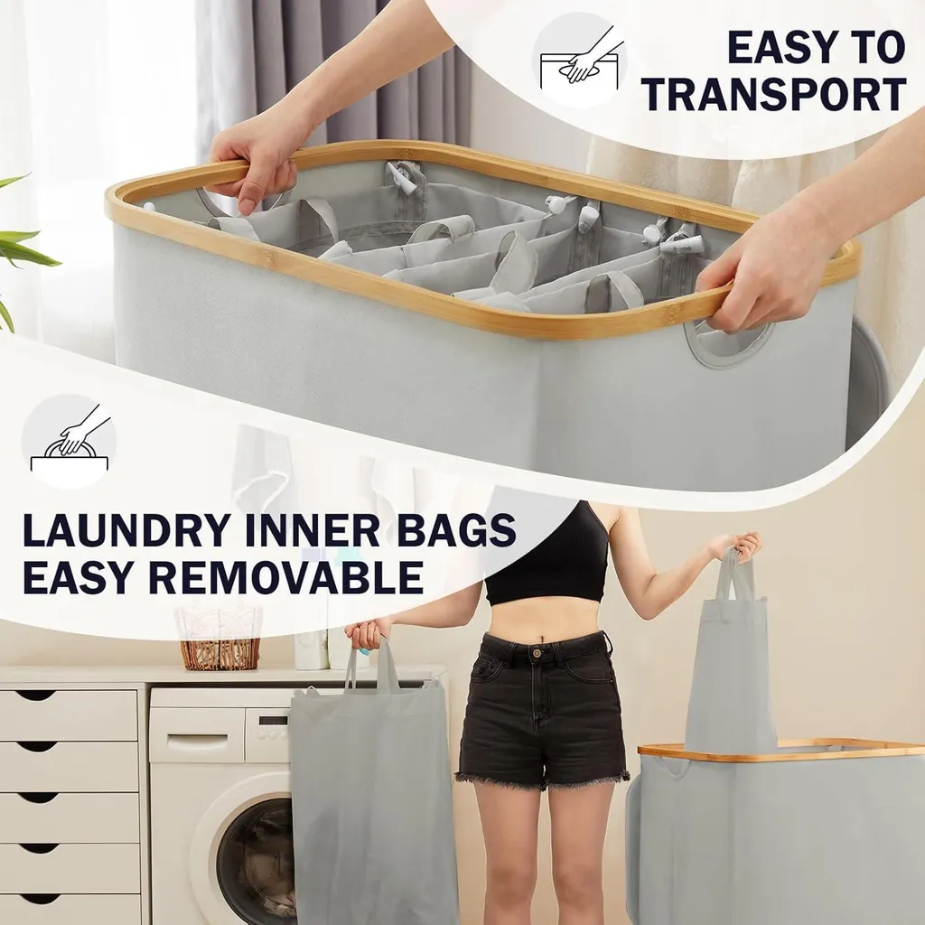 Coffre à Linge Triple Compartiment 160L Gris - Bac de Tri Pliable - 4