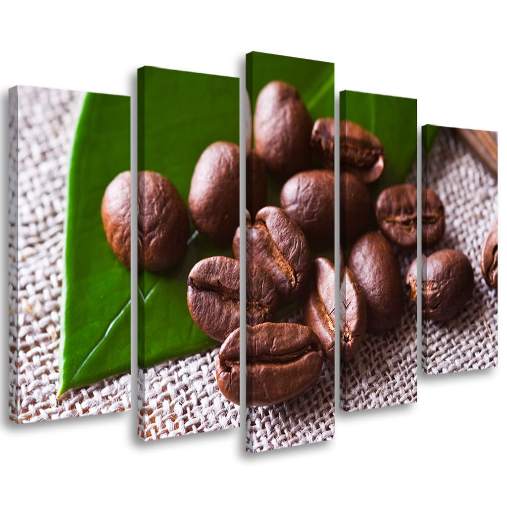 5-teiliges leinwandbild kaffeebohne blatt 150x100 cm Feeby braun wandbild bereit zum aufhängen