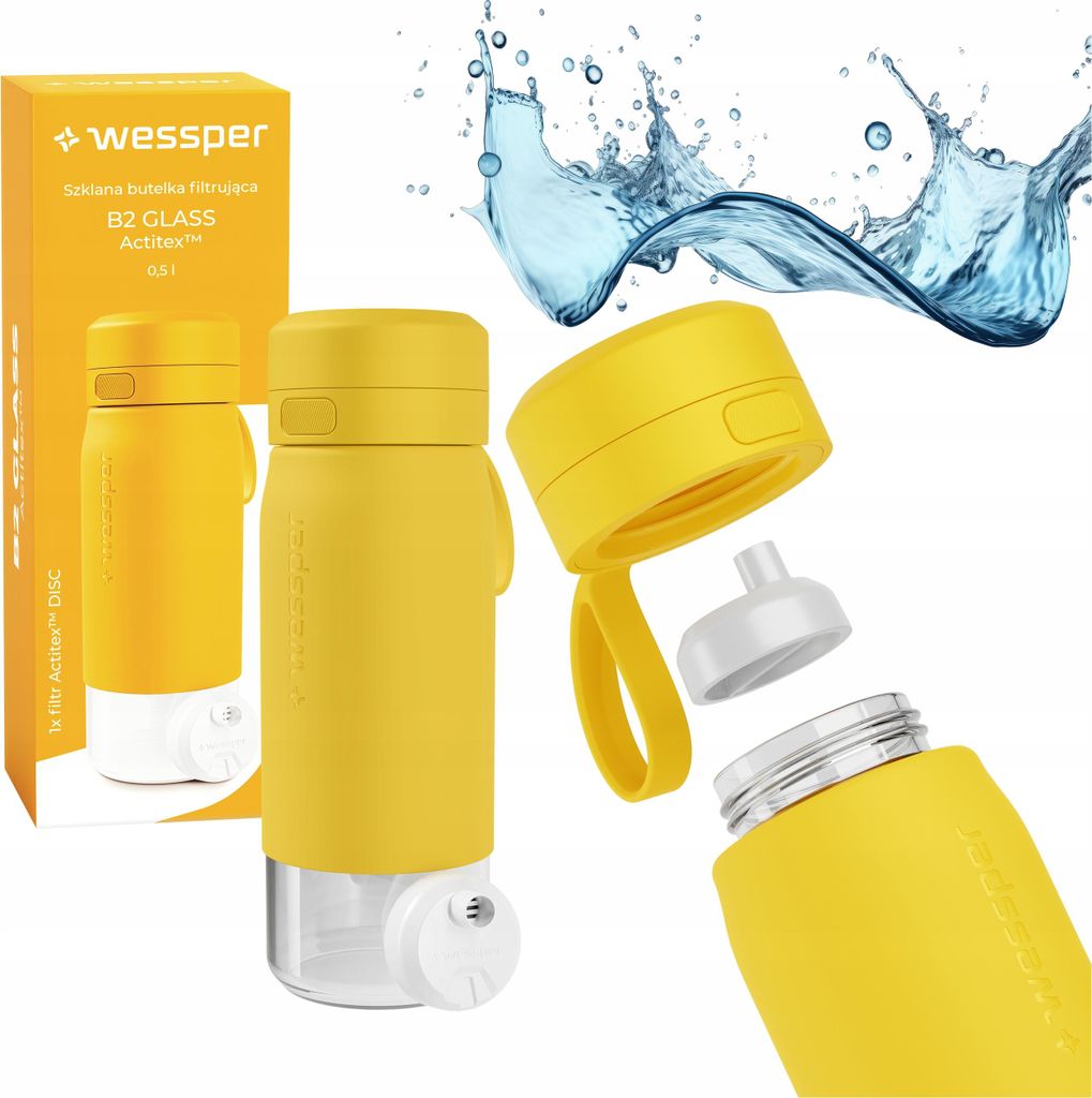 Glasflasche Wessper 500ml, Silikonhülle Wasserfilter Verschluss BPA-frei, gelb