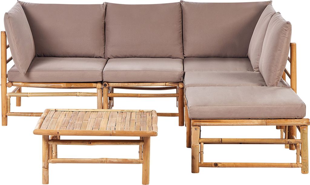BELIANI Lounge Set 3-Teilig Hellbraun u. Taupe Bambusholz 4-Sitzer Ecksofa mit Ottomane Couchtisch 11 Kissen Garten Terrasse Outdoor Ausstattung