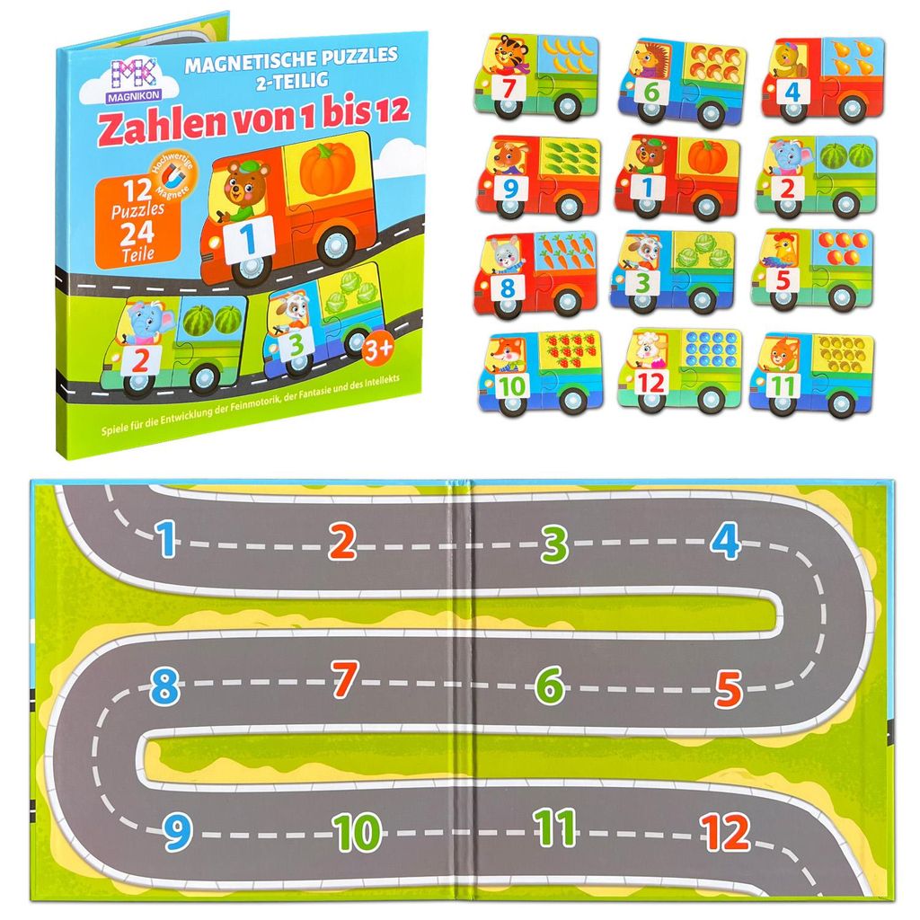 Zahlen lernen von 1 bis 12, 12 Puzzles mit je 2 Teile, Mitbringspiel ab 4 Jahre, Kinder Magnete,Spielzeug für Unterwegs, Magnetisches Puzzle
