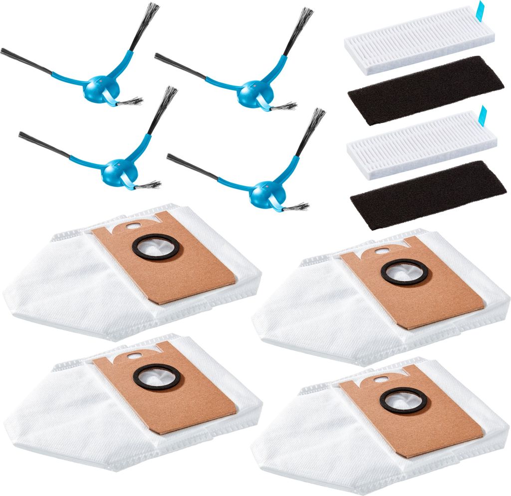 A collection of cleaning accessories for a robot vacuum cleaner, including side brushes, filters, and dust bags.