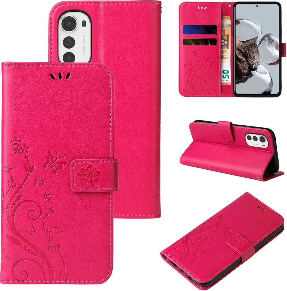 Handyhülle für Motorola Moto E32 Floral Blumen Schmetterling Flip Cover Hülle Case Klapphülle Handytasche Farbe: Pink