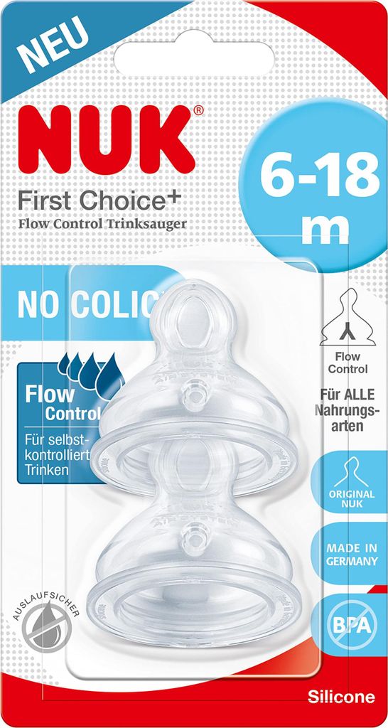 Packaging for NUK First Choice+ Flow Control teats.