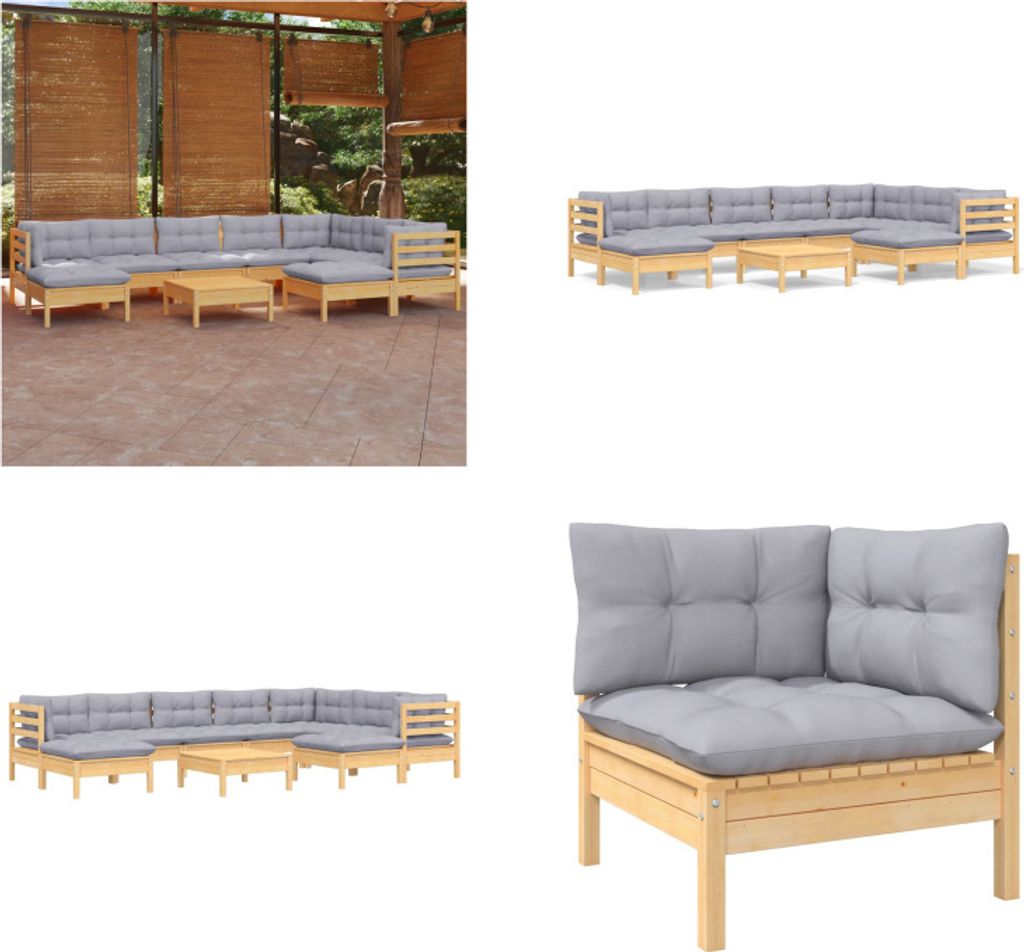 vidaXL 10 tlg. Garten Lounge Set mit Grauen Kissen Kiefer Produktbild 