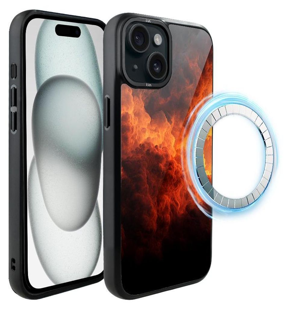 Schutzhülle für das iPhone 15 Plus, MagSafe-kompatibel, mattschwarze Seiten, Feuer, Glut, Flamme
