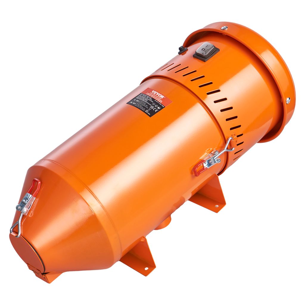 An orange industrial dust collector machine is shown against a white background.