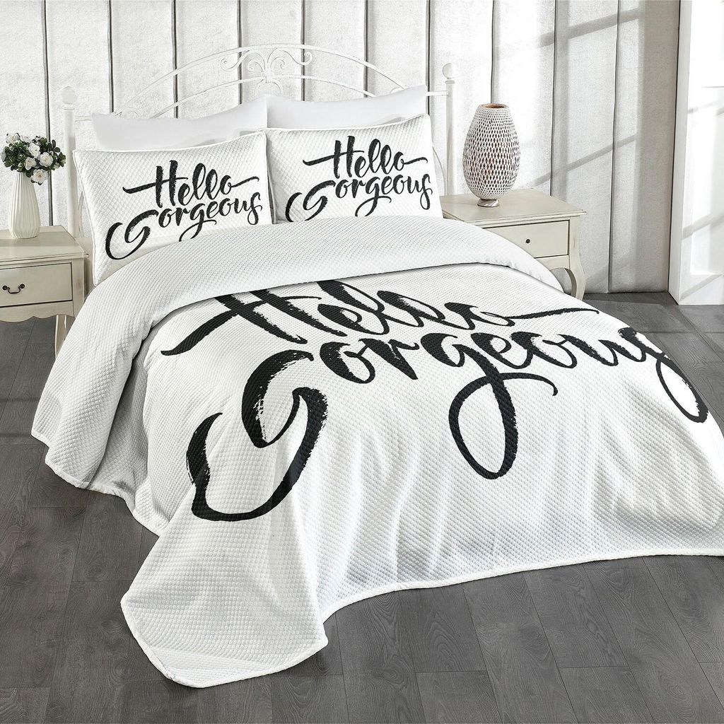 ABAKUHAUS Hallo Wunderschöne Tagesdecke Set, Verwitterter Guss des inspirierend Zitat-modernen Typografie-Bürsten-Beschriftens, 264 x 220 cm, Sch...
