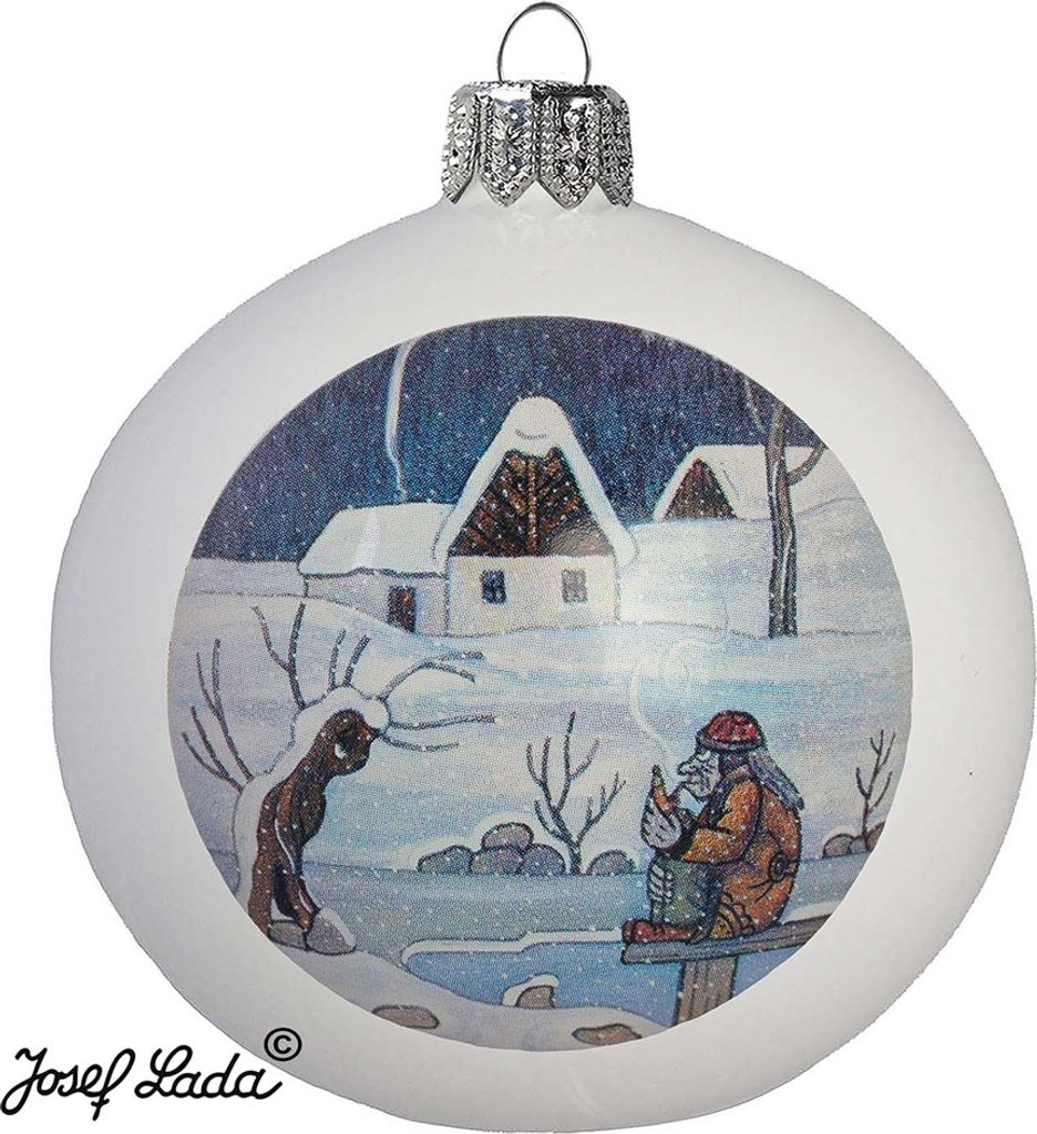 A white Christmas ornament with a winter scene illustration.