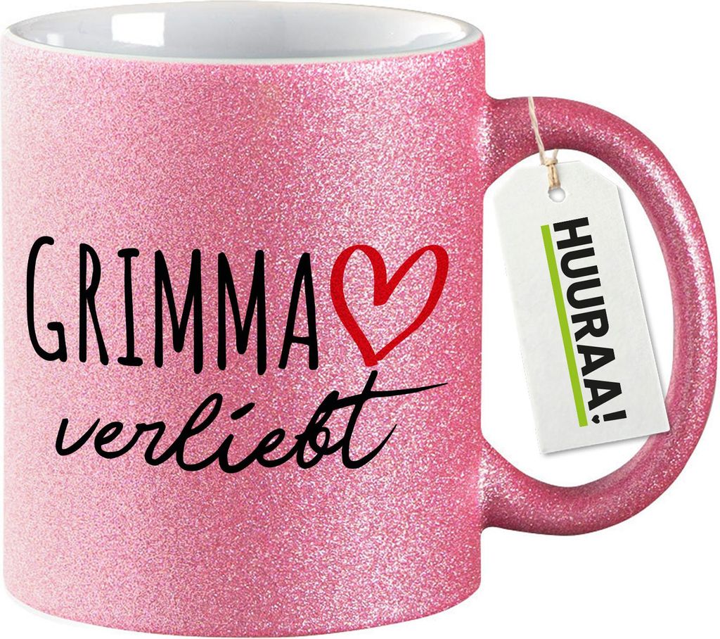 Huuraa Glitzertasse Grimma verliebt 330ml Pink Keramik Kaffeebecher Geschenkidee