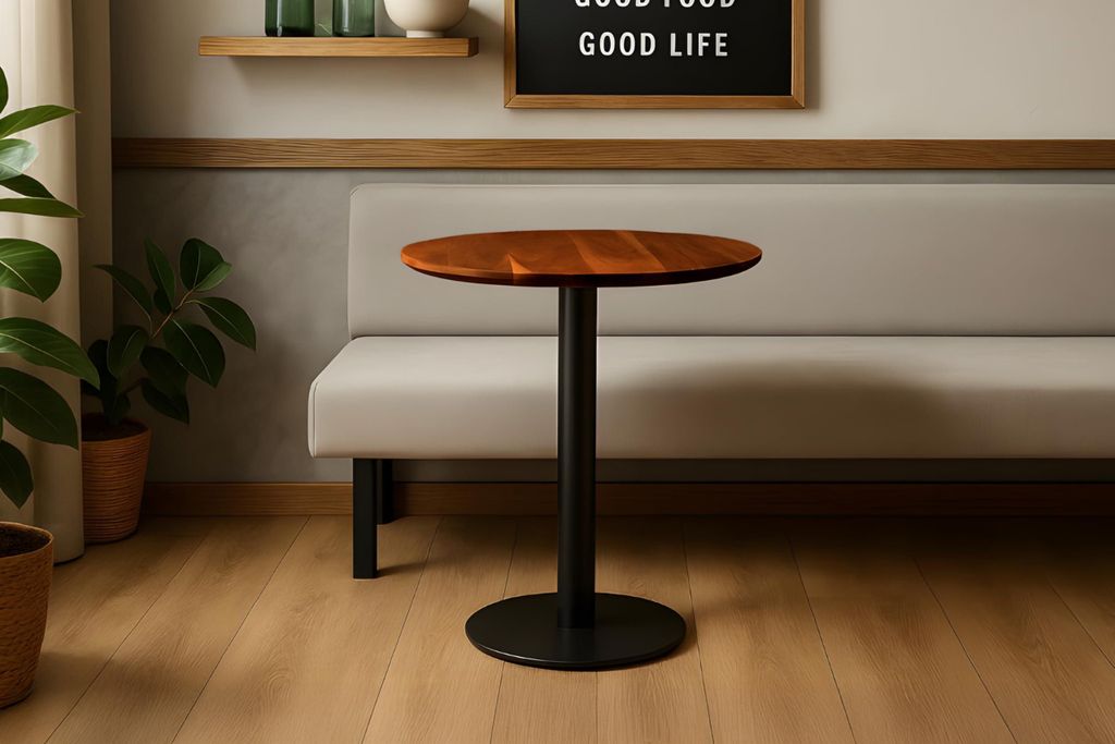 Runder Bistrotisch Brasilian | 60 x 60 cm | Akazienholz massiv | Farbe: Nussbaum | Schweizer Kante | Säulen-Gestell Metall Schwarz | Holztisch/Sä...