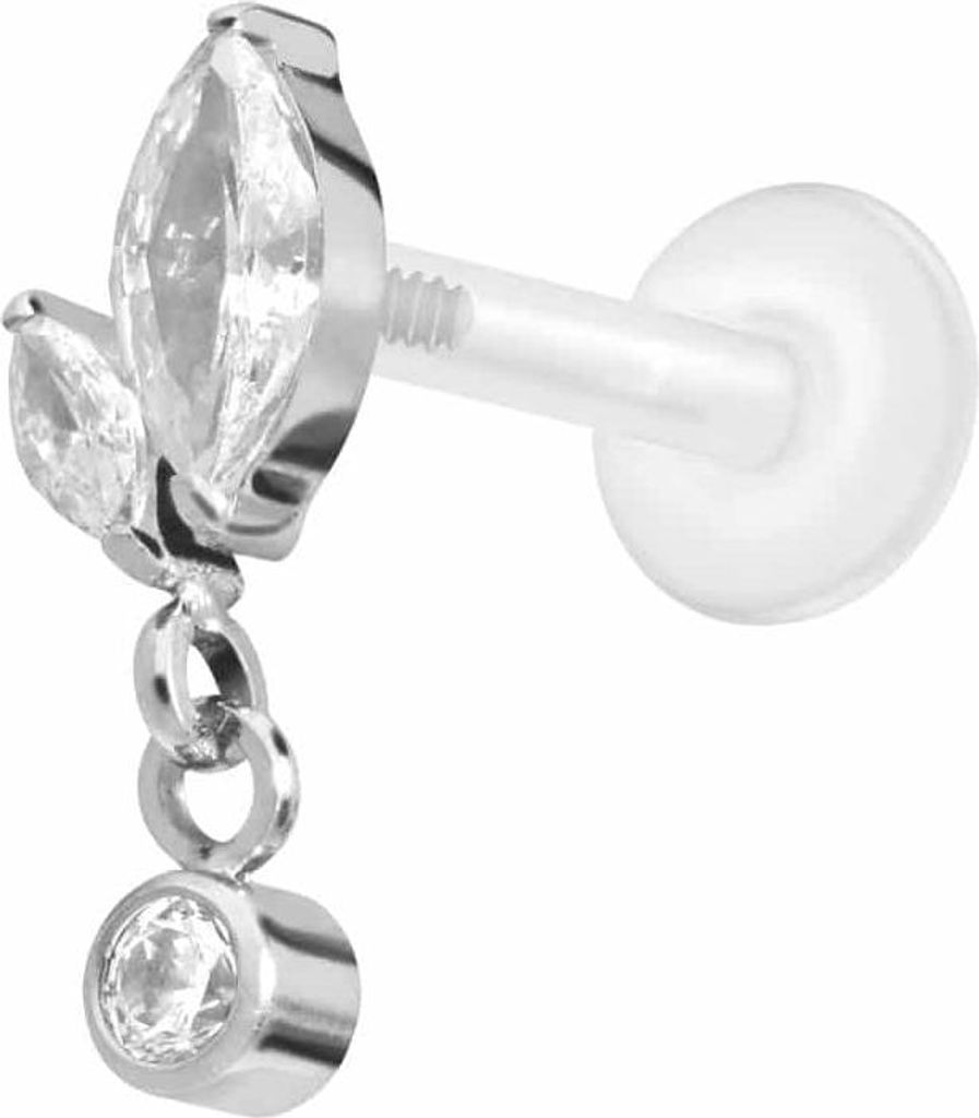 Ohrpiercing, Nasenpiercing PTFE Labret mit Innengewinde + Titan-Aufsatz KNOSPE + KRISTALL Silber Stablänge: 10mm | Stabstärke: 1,2mm