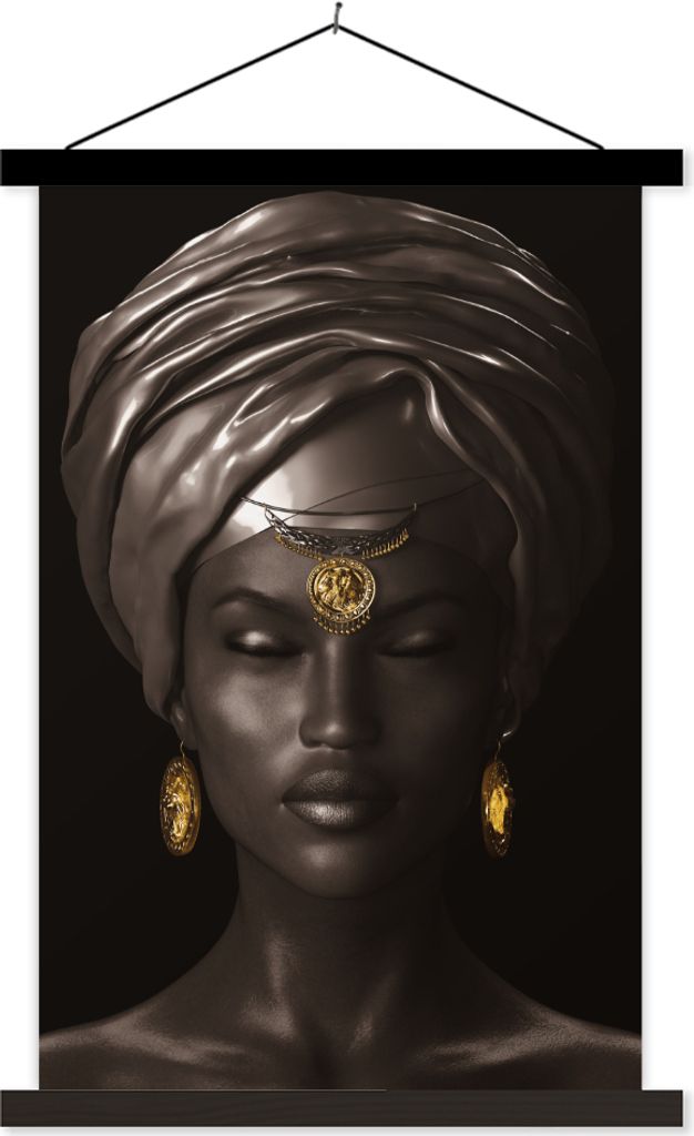 MuchoWow Textilposter Frau - Afrika - Schwarz - Gold 60x90 cm mit schwarzem Rahmen - Poster Wohnzimmer