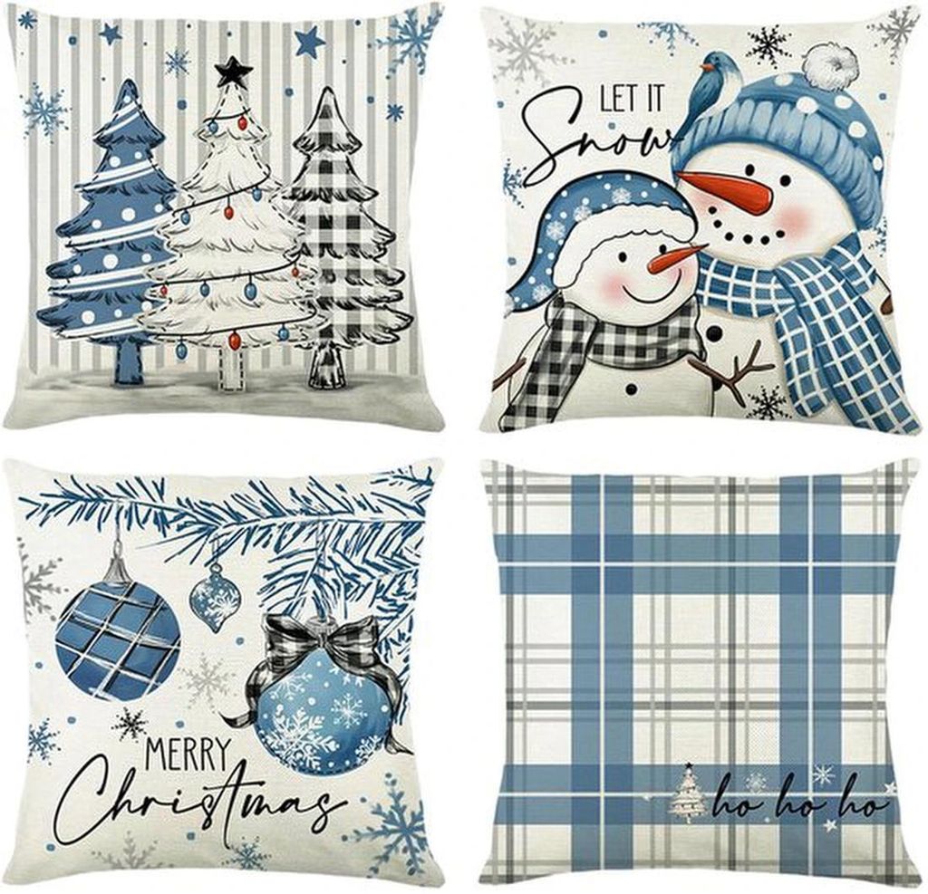 Unyqoos Set mit 4 blauen Kissenbezügen mit Weihnachtsmotiven für ein stilvolles Zuhause