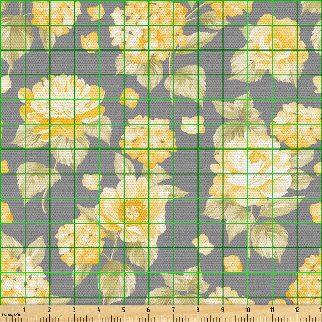 ABAKUHAUS Blume Gewebe als Meterware, Hortensie ChrysanThema Hortensia Muster Landschaft Alte Art Illustration, 10 M (148 x 1000 cm), Gelb Grau Grün