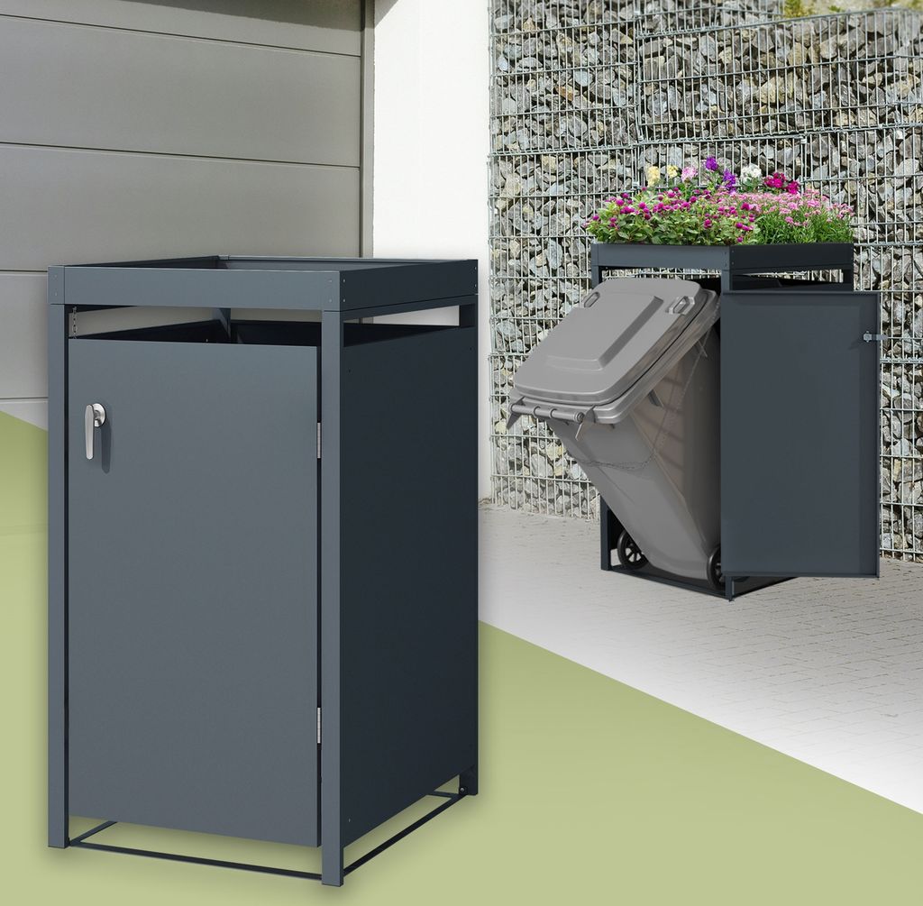 ML-Design Mülltonnenbox 1er mit Pflanzdach für 1 Mülltonne, 240L 68x80x124 cm, Anthrazit, Stahl, wetterfest/abschließbar