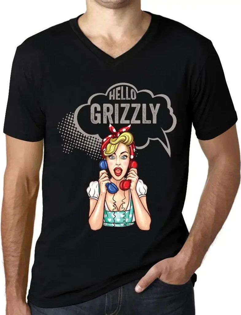 Herren Grafik T-Shirt V-Ausschnitt Hallo Grizzly – Hello Grizzly – Öko-Verantwortlich Vintage Jahrgang Kurzarm Lustige Druck Geburtstag Gesche...