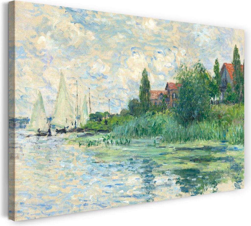 Leinwandbild (80x60cm): Claude Monet - Les bords de la seine au petit gennevilliers, echter Holz-Keilrahmen inkl. Aufhänger, handgefertigt in Deut...
