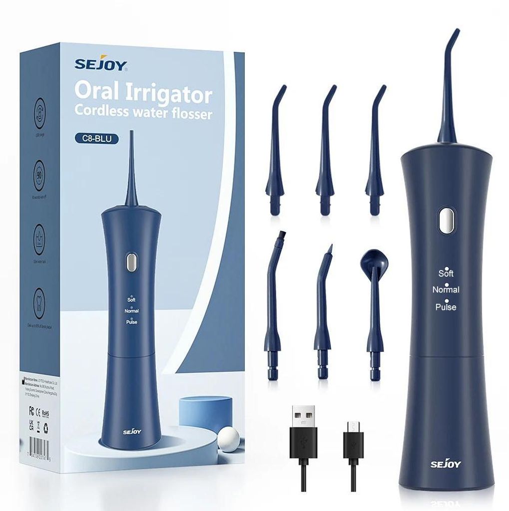 Oral Irrigator Munddusche - Elektrischer Wasserflosser - 3 Modi - 150 ml Tank - IPX7 Wasserdicht - USB-C Akku - 6 Aufsätze - Blau