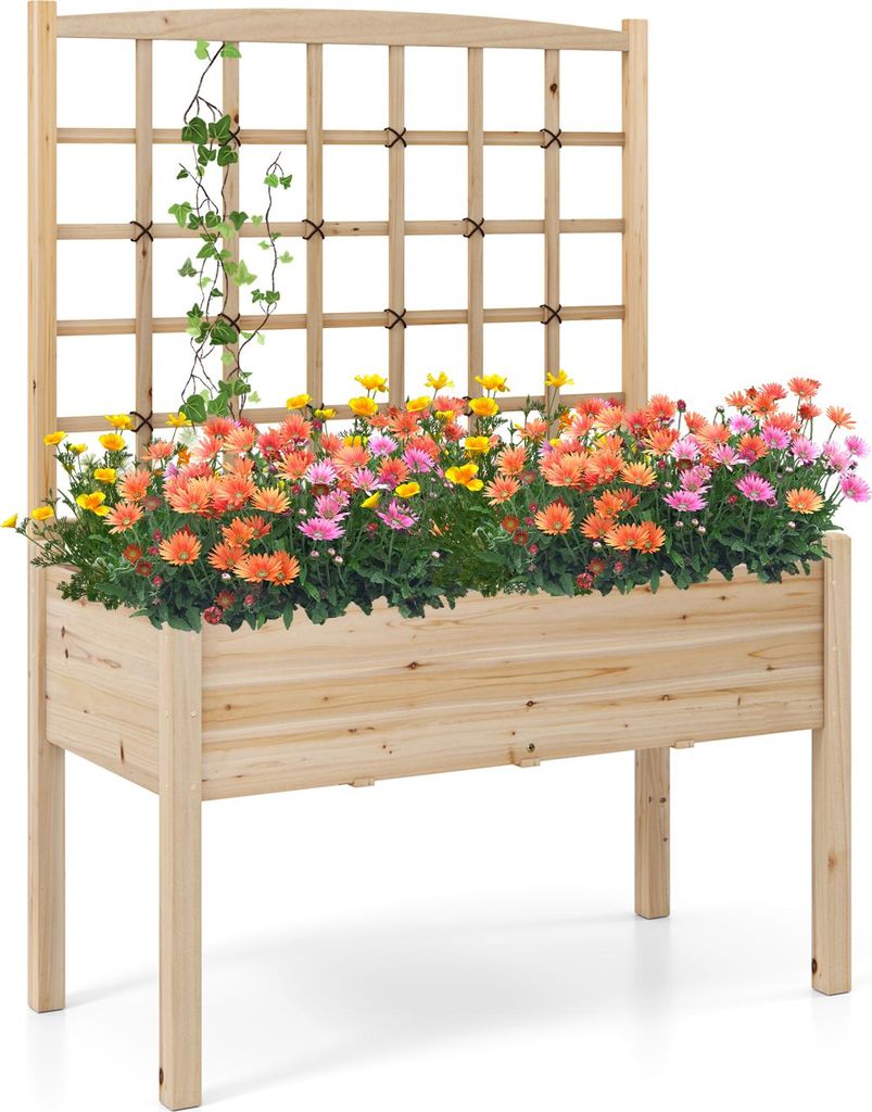 GOPLUS Hochbeet mit Rankgitter, Blumenkasten mit Spalier, Pflanzkasten mit Rankhilfe, 119 x 60 x 160cm, Natur