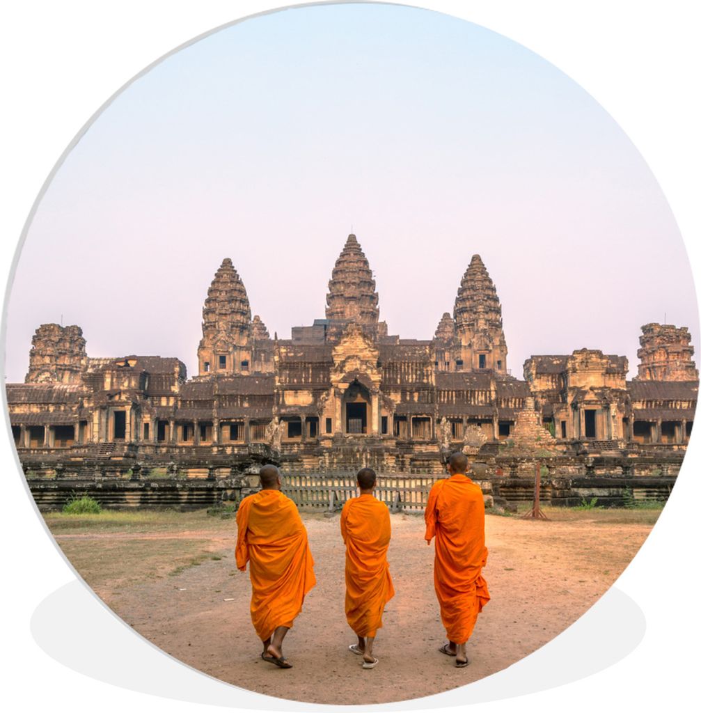 MuchoWow Rundes Wandbild - Runde Bilder Drei Mönche gehen in Richtung Angkor Wat Ø 60 cm Kreis Wanddekoration Kunststoff - Wandkreis - Wandschm...