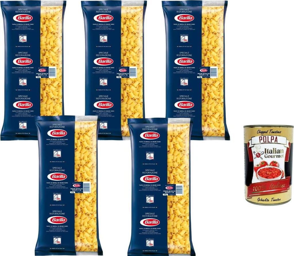 Barilla Mezze Maniche Rigate n.84 Profi Pasta 5×5kg Großpackung Hartweizengrieß Röhrennudeln Gastronomie Catering Vorrat + Italian Gourmet polpa