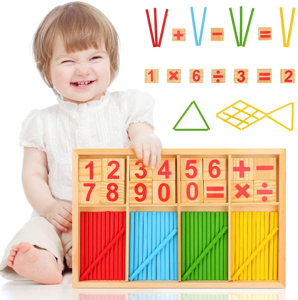DE Mathe Montessori Spielzeug aus Holz Metallbox bunte Rechenstäbchen 