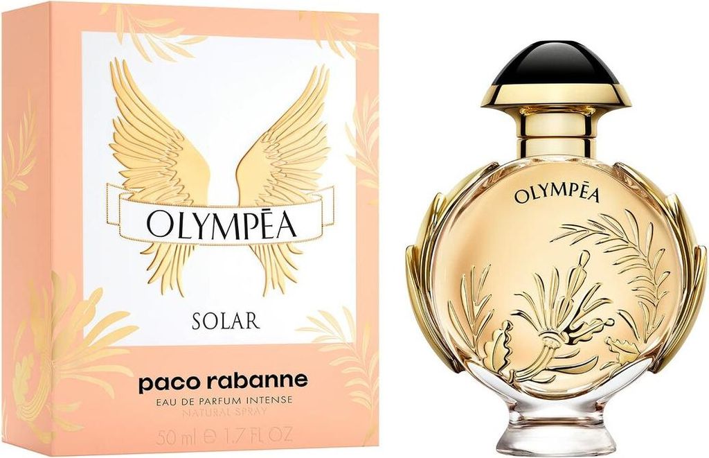 A perfume bottle and its packaging are displayed side-by-side against a white background.