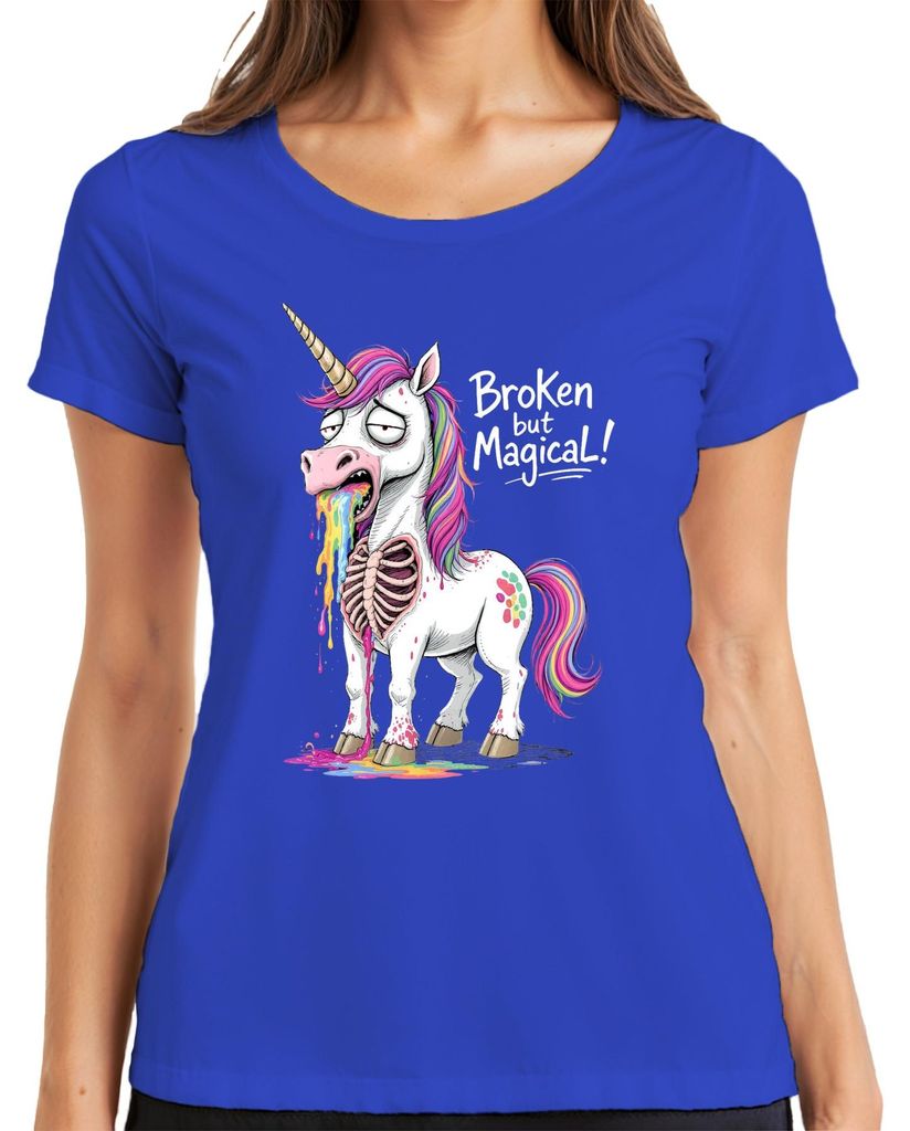 Broken but Magical Unicorn Rainbow Vomit Skeleton Funny Damen T-Shirt, Blau, S