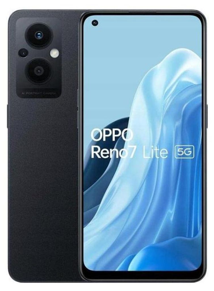 A black OPPO Reno 7 Lite 5G smartphone is shown from the front and side.