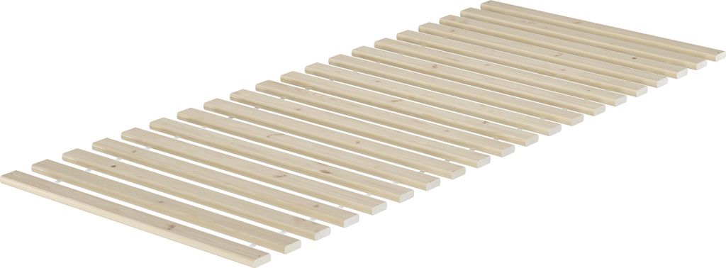A product shot of a wooden slatted bed base.