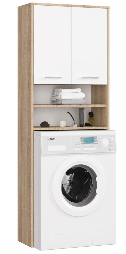 Waschmaschienenüberschrank Umbauschrank 2 Türen 4 Regalböden B64 x H180 x T30cm Weiß-Sonoma