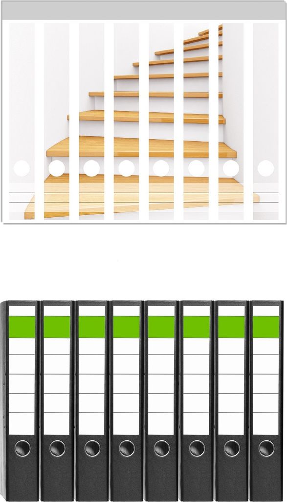 Wallario 8 Stück schmale Ordner inkl. Klebeetiketten mit Motive Wendeltreppe aus hellem Holz - Set mit Rückenschildern / Ordnerrücken Stickern