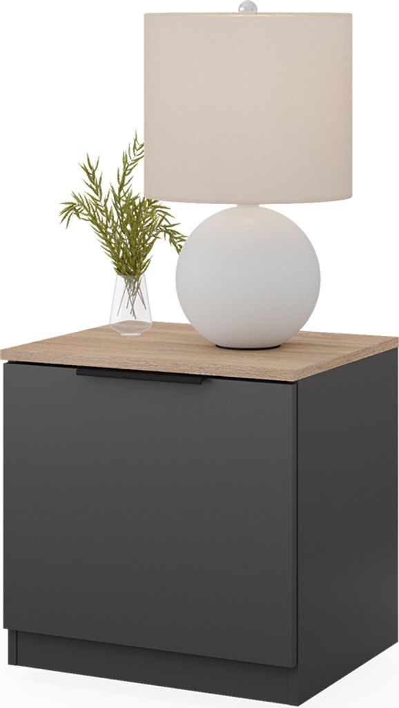 A modern nightstand with a lamp and a small plant on top.