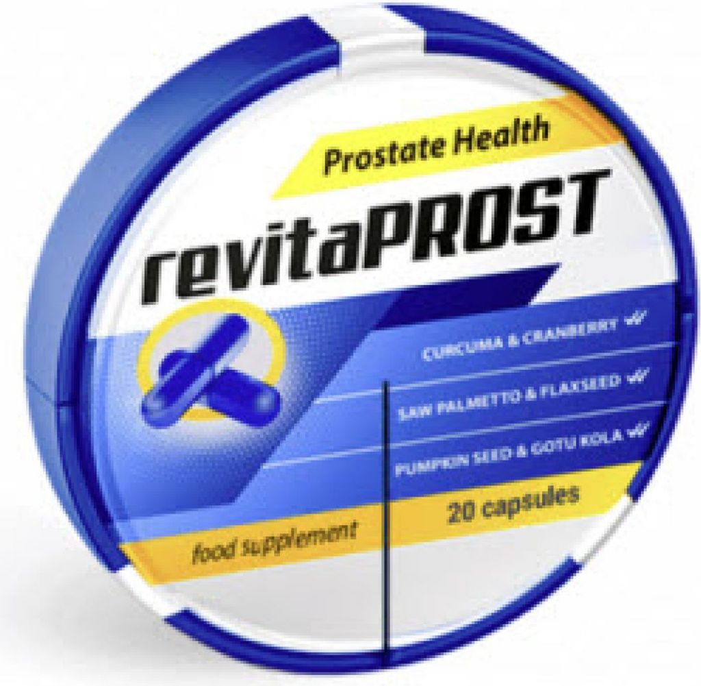A circular container of RevitaPROST capsules, showing product name, health benefits, and ingredients.