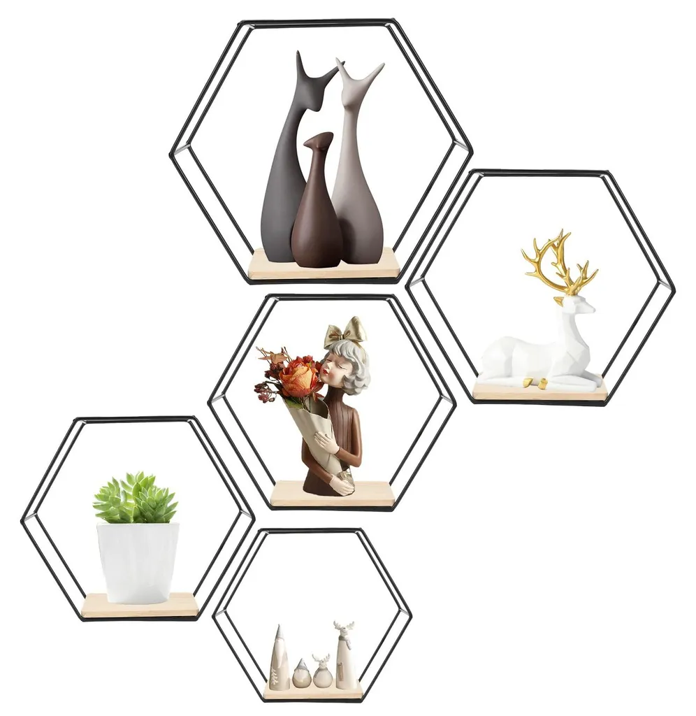 Gain de place : 5 étagères murales hexagonales bois/métal à suspendre