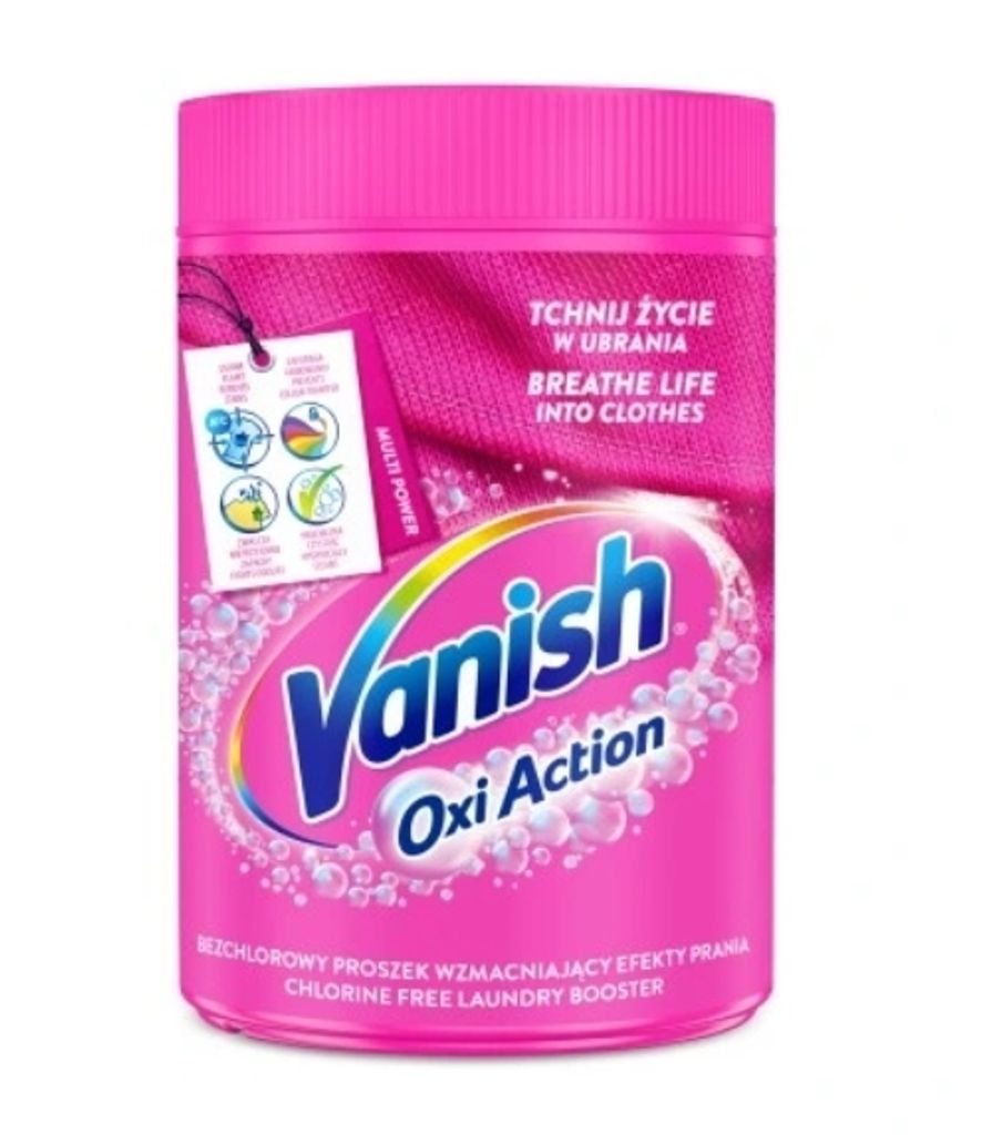 A pink plastic container of Vanish Oxi Action laundry booster powder.