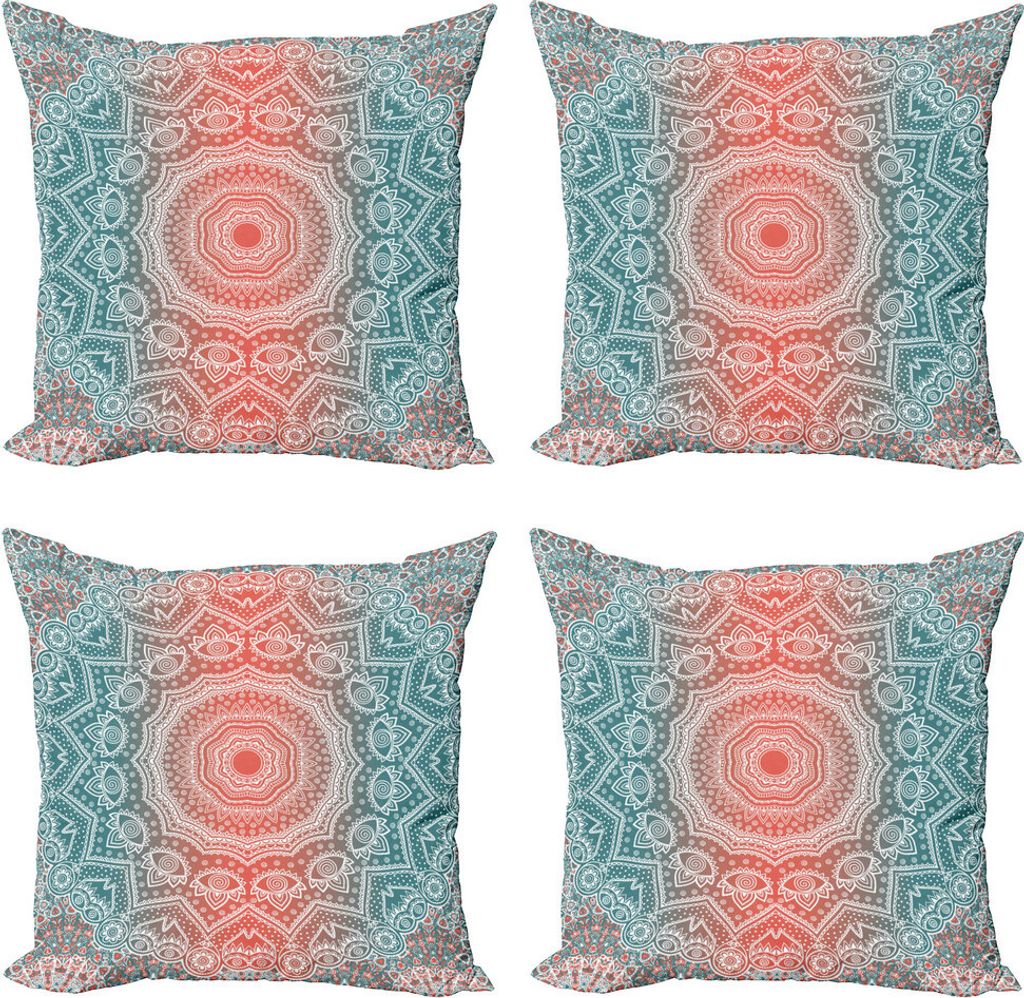 ABAKUHAUS Coral und Teal Kissenbezug Set (4 Stück), moderne Mandala, Moderner Doppelseitiger Digitaldruck, 45 cm x 45 cm, Coral Teal