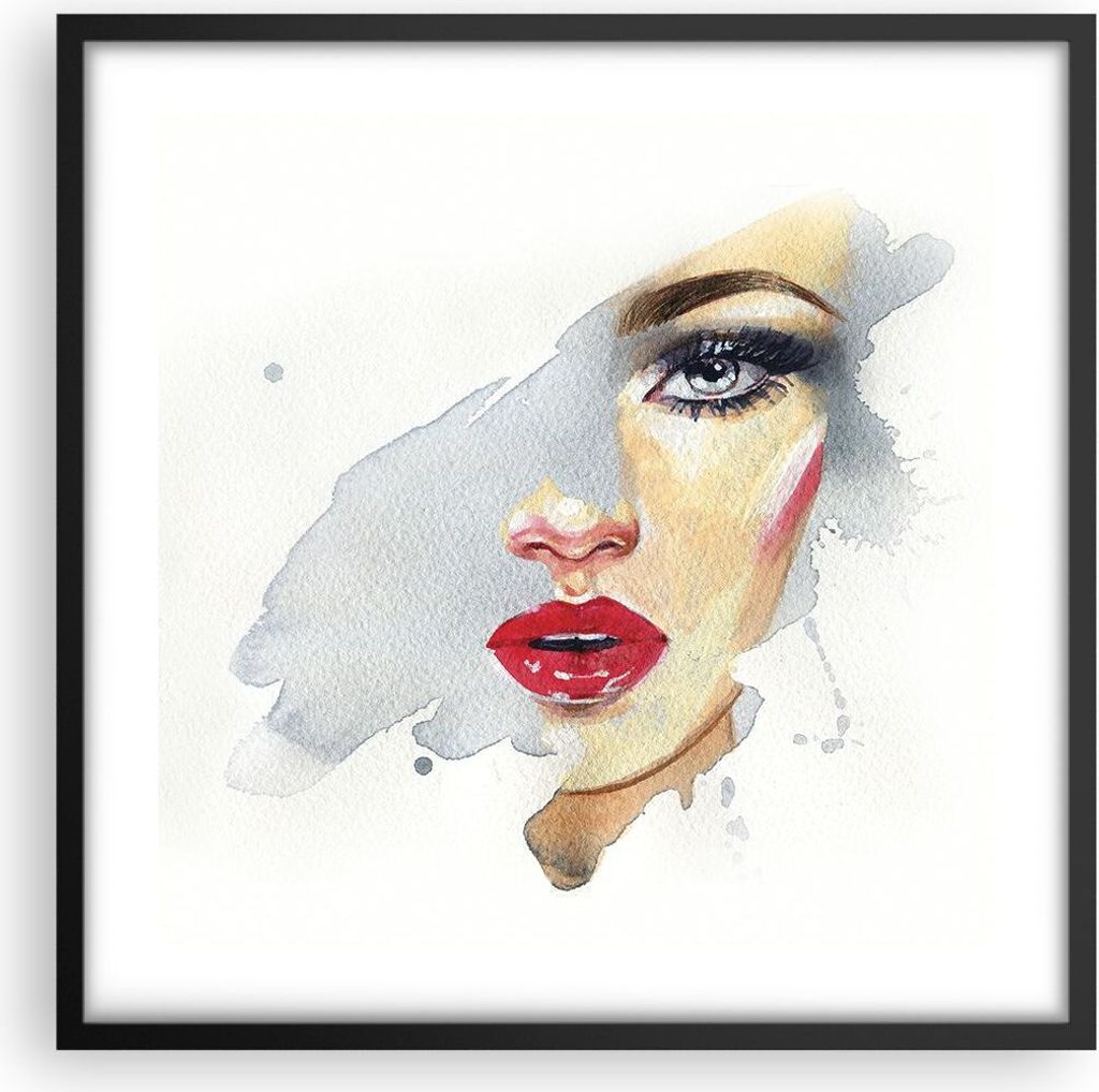 Gerahmtes Poster - Schwarzer Rahmen - Aquarell Frau Mund - 50x50 cm - Wand Bild - Wanddeko - Wandbilder - Kunstposter - Wandposter - Bilderrahmen -...