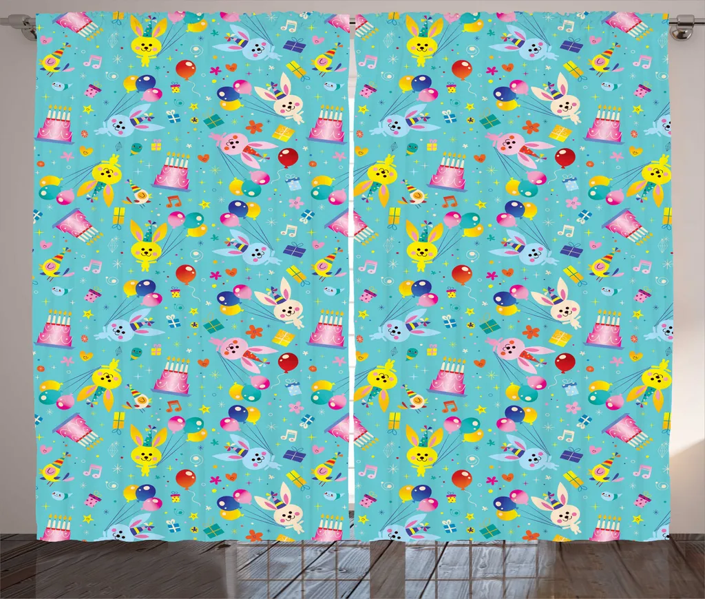 Rideaux Vert Mousse Imprimés Lapins et Cadeaux avec Crochets 280x225cm