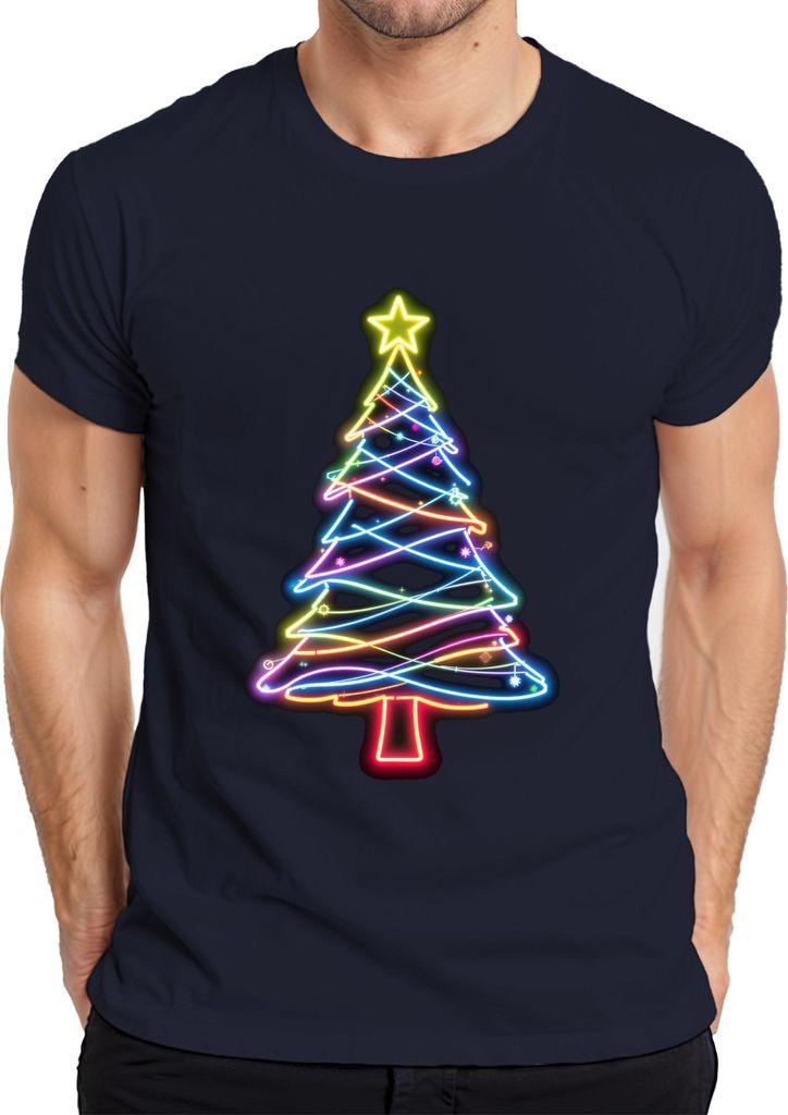 Neon Weihnachtsbaum Leuchtend Bunt Stern Neonlicht Weihnachten Herren T-Shirt, Navy, L