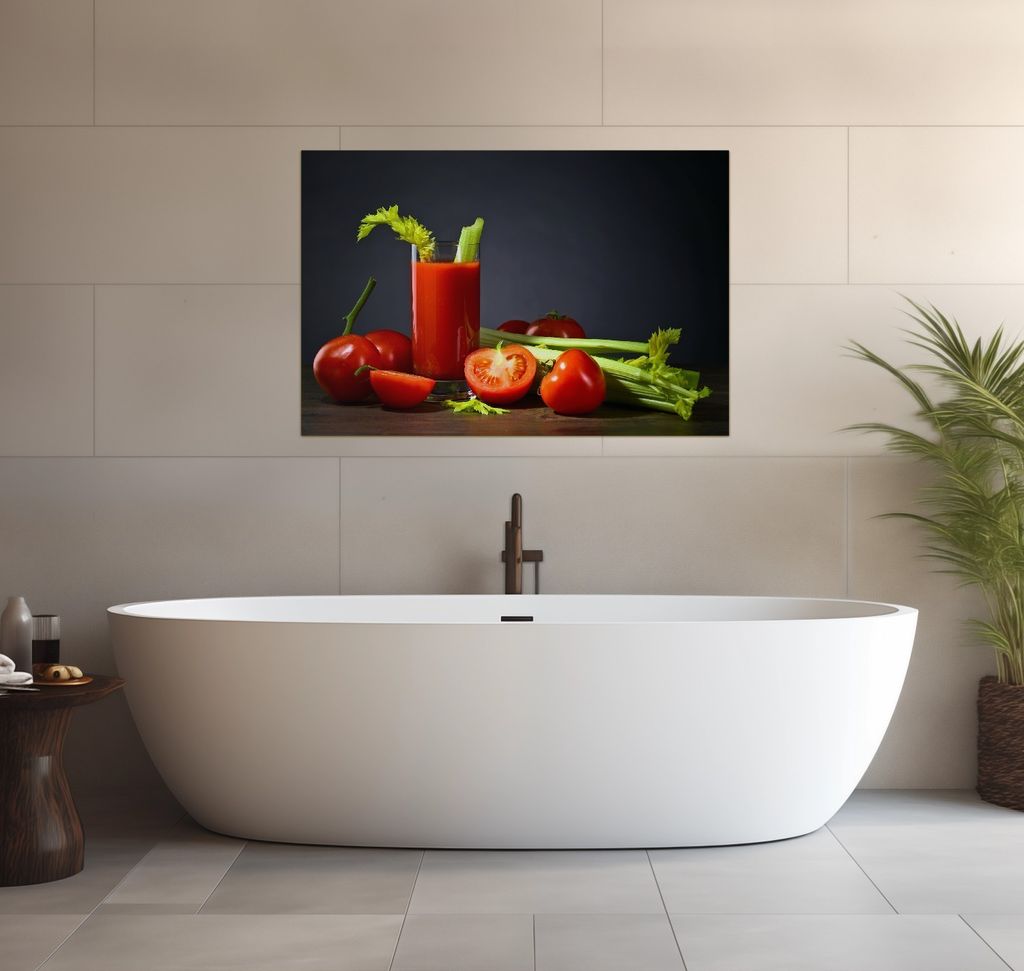 Wallario wasserfestes Poster selbstklebend 91,50 x 61 cm, Frischer Tomatensaft mit Sellerie, Badezimmerposter Spritzschutz mit Hochglanzoberfläche...