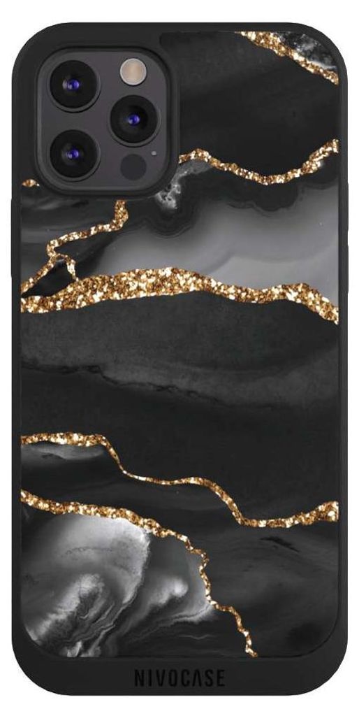NIVOCASE Handyhülle für Apple iPhone 12 Pro Max Hülle NIVOpure Case Schwarz Glitzer Look Marmor Muster