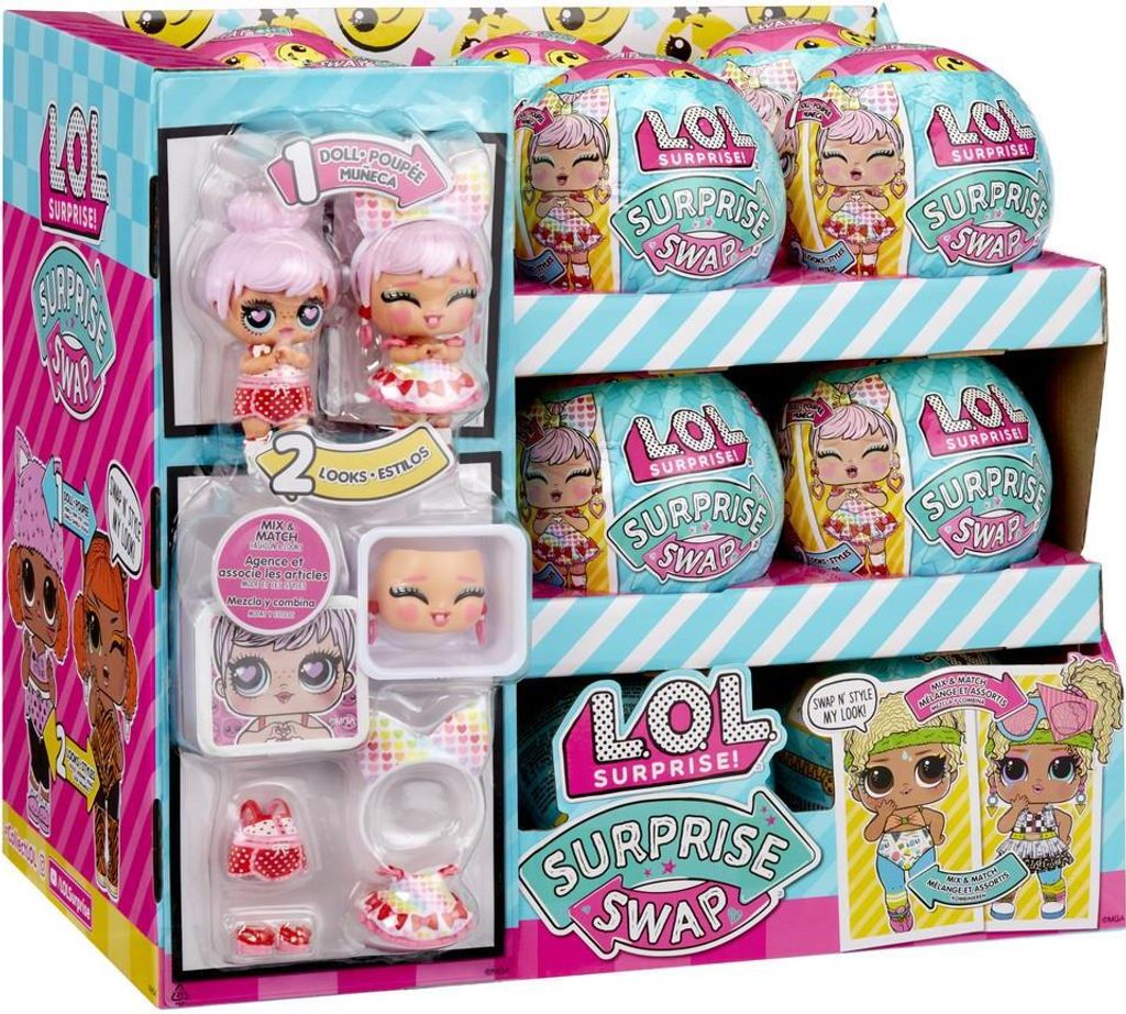 A retail box for LOL Surprise Swap dolls, showing multiple dolls and accessories.