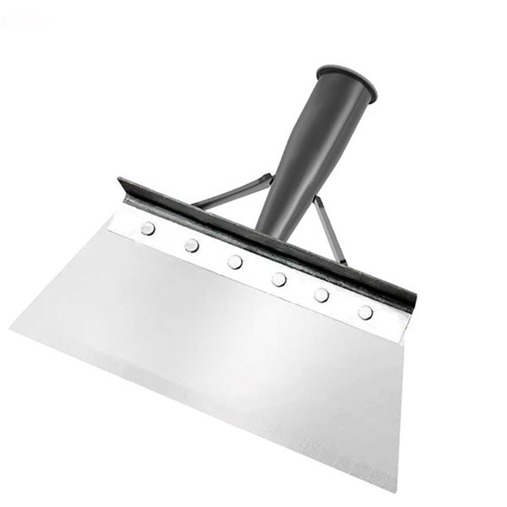 A close-up studio shot of a multifunctional flat shovel against a white background.
