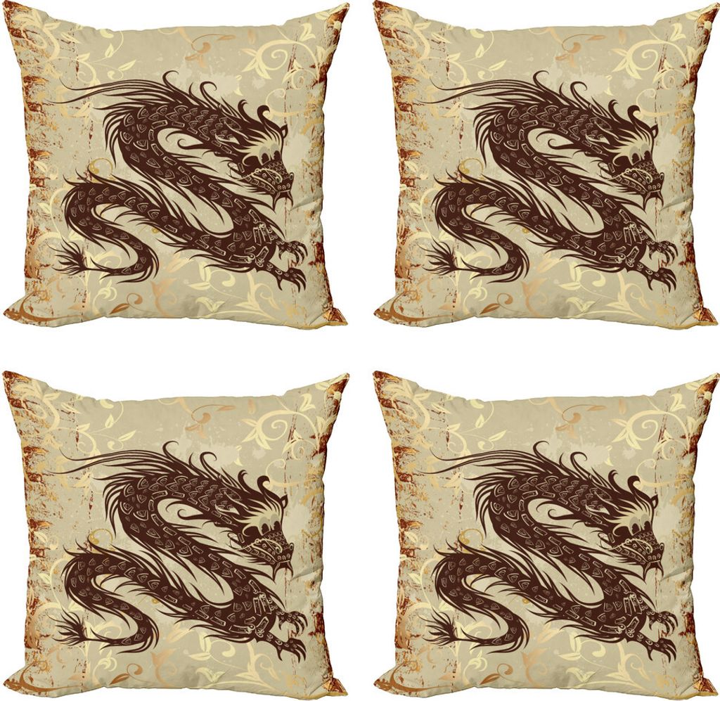 ABAKUHAUS japanische Drachen Kissenbezug Set (4 Stück), Kreatur, Moderner Doppelseitiger Digitaldruck, 40 cm x 40 cm, Braun, Gelb, Beige