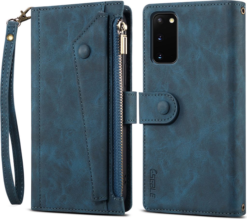 Schutzhülle für Samsung Galaxy S20 / S20 5G Reißverschluss Hülle, Leder Klapphülle Kartenfach Standfunktion Brieftasche mit Trageband Blau