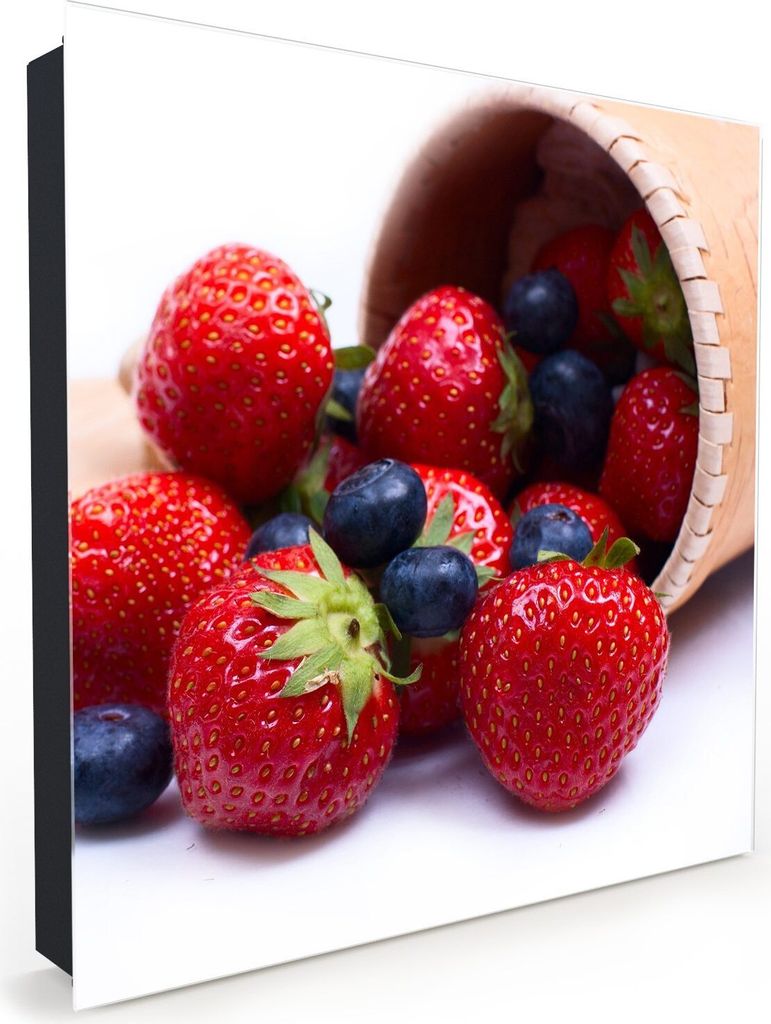 Nachbildung-Schlüsselkasten, Magnetpinnwand und Memoboard mit Glasfront Motiv Beeren aus Korb fallend